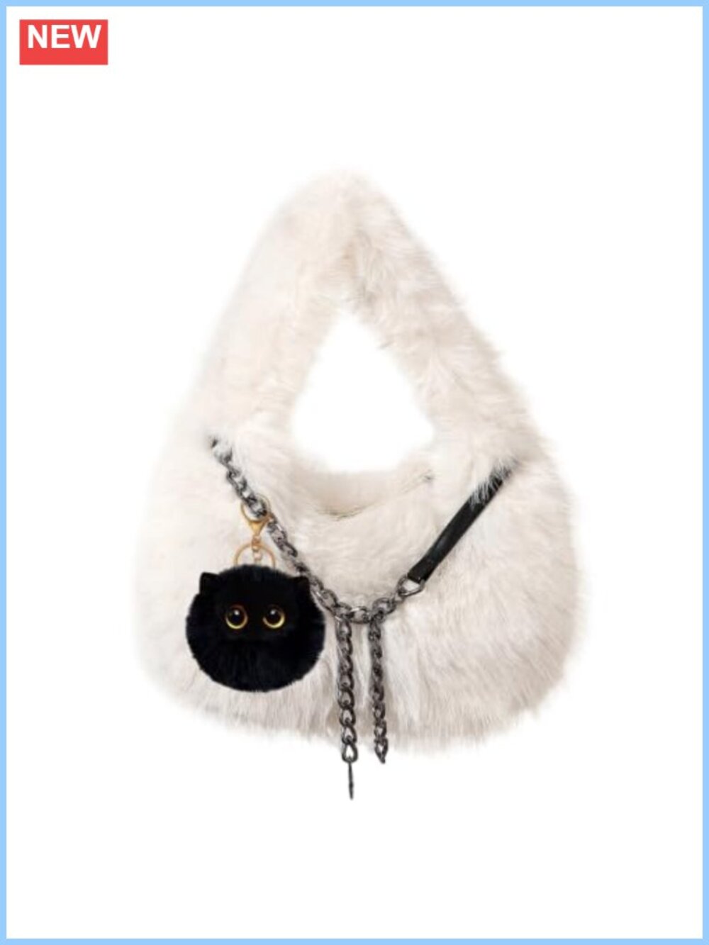 Fuzzy Faux Fur Shoulder Bag Y2K Winter Purse with Cat Charm